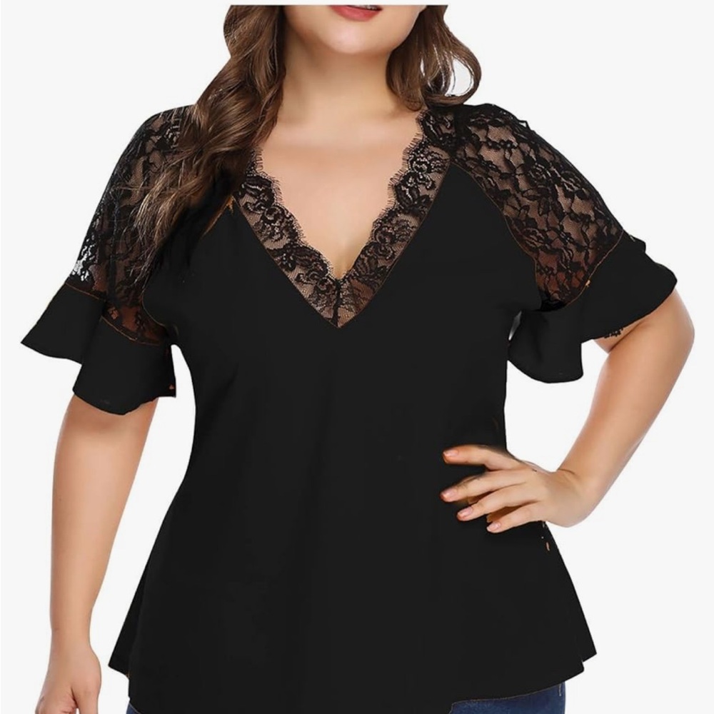 Shirts for Women Black Short Sleeve Lace V-Neck Top Plus Size 3X Bell Sleeve